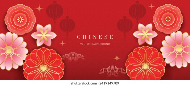 Feliz año nuevo, vector. Diseño de fondo de escritorio con estampado chino, flor, linterna sobre fondo rojo. Ilustración oriental de lujo moderna para portada, banner, sitio web, decoración, borde, marco.