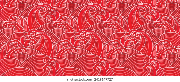 Happy Chinese new year backdrop vector. Wallpaper design with chinese sea wave on red background. Modern luxury oriental illustration for cover, banner, website, decor, border, frame.
