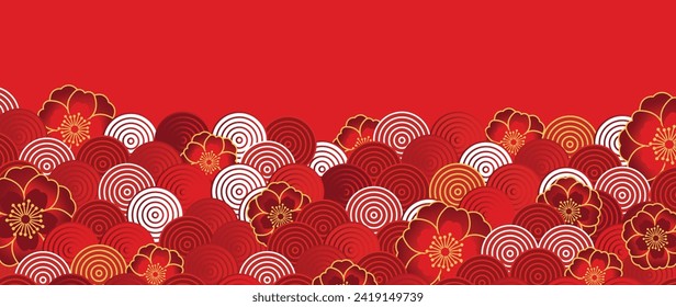 Happy Chinese new year backdrop vector. Wallpaper design with flower, chinese pattern on red background. Modern luxury oriental illustration for cover, banner, website, decor, border, frame.