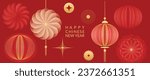 Happy Chinese new year background vector. Year of the dragon design wallpaper with Chinese pattern, gold hanging lantern. Modern luxury oriental illustration for cover, banner, website, decor.