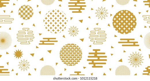 Happy Chinese New Year background. Seamless white and golden pattern with ornate circles, flowers and other geometric elements.