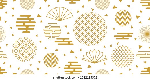 Happy Chinese New Year background. Seamless white and golden pattern with ornate circles, fans and other geometric elements.