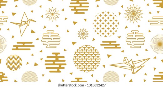 Happy Chinese New Year background. Seamless white and golden pattern with origami birds, ornate circles and other geometric elements.