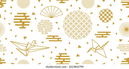 Happy Chinese New Year background. Seamless white and golden pattern with origami birds, fans, ornate circles and other geometric elements.