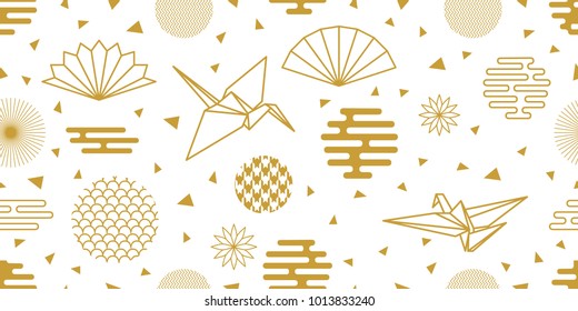 Happy Chinese New Year background. Seamless white and golden pattern with origami birds, ornate circles and other geometric elements.