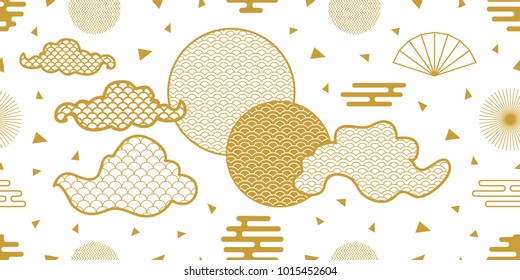 Happy Chinese New Year background. Seamless white and golden pattern with clouds, fans, ornate circles and other geometric elements.