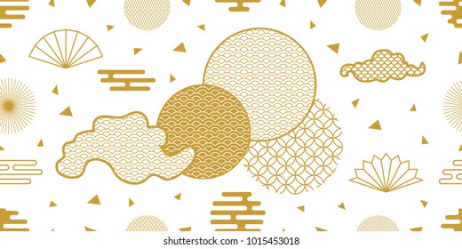 Happy Chinese New Year background. Seamless white and golden pattern with clouds, fans, sun and other geometric elements.