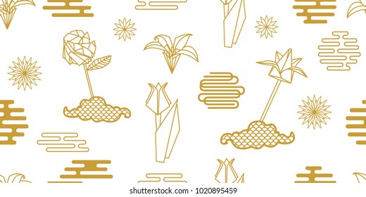 Happy Chinese New Year background. Seamless white and golden pattern with blooming flowers, ornate circles and other geometric elements.