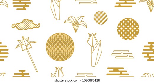 Happy Chinese New Year background. Seamless white and golden pattern with blooming flowers, ornate circles and other geometric elements.