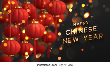 Happy Chinese New Year. Background Chinese red lantern. Gold light garlands, golden bokeh. Traditional asian ornamental festive decorations isolated realistic design. vector illustration