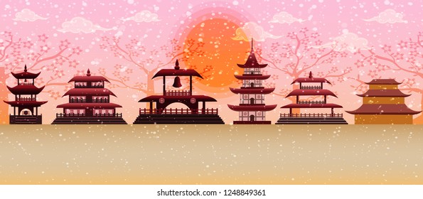 Happy Chinese New Year background with Chinese landmark plum tree and snow drop background.