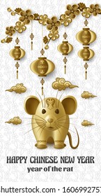 Happy Chinese New Year background with creative golden rat, sakura branches with flowers and hanging lanterns. Gold colored template. Vector illustration