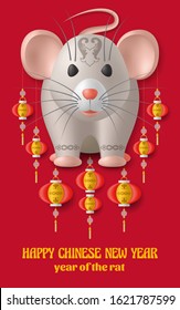 Happy Chinese New Year background with creative silver rat, sakura branches with flowers and hanging lanterns. Red colored template. Vector illustration