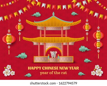 Happy Chinese New Year background with beautiful pagoda, creative silver rat and hanging lanterns. Red colored template. Vector illustration