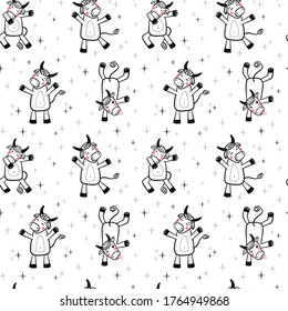 Happy Chinese New Year Background with Cartoon Cute Ox Characters. Holiday Seamless pattern with Doodle Funny Dancing Bulls and Stars. 2021 Year of White Ox Chinese Zodiac Sign. Vector illustration