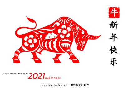 Happy Chinese new year background 2021. Year of the ox, an annual animal zodiac. Asian style in meaning of luck. (Chinese translation: Happy Chinese new year 2021, year of ox)