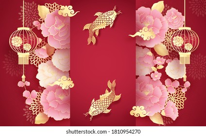 Happy Chinese new year background, template with hanging lantern, golden koi fish and peony flowers, paper cut style vector illustration. 