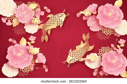 Feliz año nuevo chino de fondo, plantilla con linterna colgante, peces koi dorados y flores de peonía, ilustración vectorial de estilo corte de papel. 