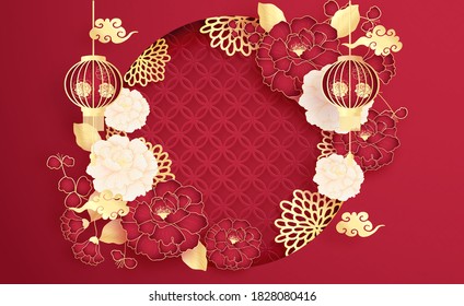 Happy Chinese new year background, template with hanging lantern and peony flowers, paper cut style vector illustration. 