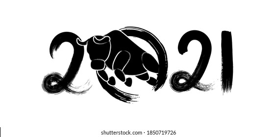 Happy Chinese New Year background, card, invitation.  2021 year of the bull hand painted art style. Ox silhouette. Black brush stroke calligraphic design elements. 