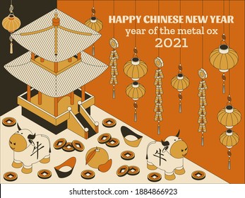 Happy Chinese New Year background with creative white ox and hanging lanterns. Translation Ox. Vector illustration