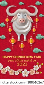 Happy Chinese New Year background with creative white metal ox, sakura branches with flowers and hanging lanterns. Red colored template. Vector illustration