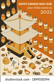 Happy Chinese New Year background with creative white ox and hanging lanterns. Vector illustration