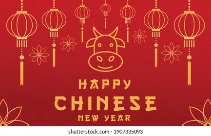 happy Chinese new year background with zodiac buffalo, and lampion ornaments