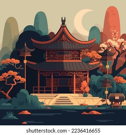 happy chinese new year background asian chinese japan temple castle and mountains illustration background 