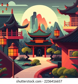 fondo de año nuevo chino feliz castillo del templo japonés chino asiático y fondo de ilustración de las montañas 