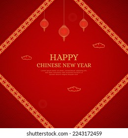 Happy Chinese New Year Background Design With Chinese Pattern Brushes Border and Chinese Lantern