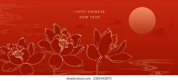 Happy Chinese new year background vector. lotus wallpaper . Modern luxury oriental illustration for cover, banner, website, wall decoration. 