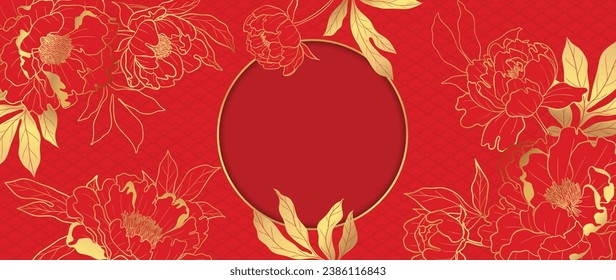 Happy Chinese new year background vector. Year of the dragon design wallpaper with Chinese pattern, peony flower, foliage. Modern luxury oriental illustration for cover, banner, decor.