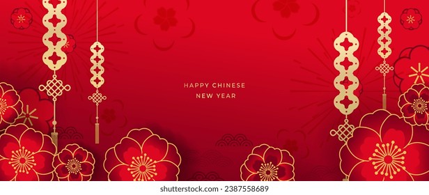 Happy Chinese new year background vector. Year of the dragon design wallpaper with Chinese hanging coin, cherry blossom, pattern. Modern luxury oriental illustration for cover, banner, decor.