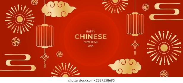 Happy Chinese new year background vector. Year of the dragon design wallpaper with Chinese lantern, cloud, flower, firework. Modern luxury oriental illustration for cover, banner, website, decor.