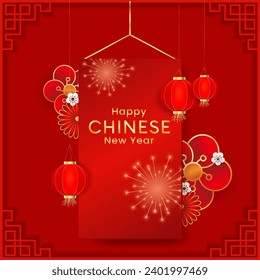 Happy Chinese New Year background with realistic decorations for web or social media posts