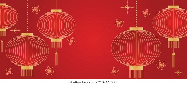 Feliz vector de fondo del año nuevo chino. Año del diseño del dragón fondo de pantalla con flor, linterna colgante, patrón chino. Ilustración oriental de lujo moderna para portada, banner, sitio web, decoración.