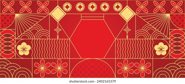 Happy Chinese new year background vector. Year of the dragon design wallpaper with flower, hanging, coin, chinese pattern. Modern luxury oriental illustration for cover, banner, website, decor.