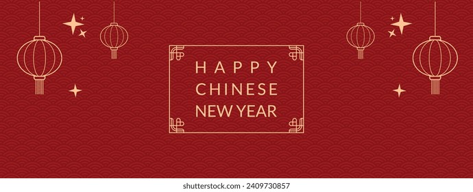 Happy Chinese new year background vector. Year of the dragon design wallpaper with Chinese pattern, gold hanging lantern. Modern luxury oriental illustration for cover, banner, website, decor.