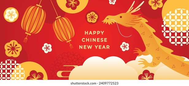 Happy Chinese new year background vector. Year of the dragon design wallpaper with dragon, hanging lantern, cloud, pattern. Modern luxury oriental illustration for cover, banner, website, decor.