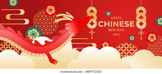 Happy Chinese New Year Hintergrund Vektorgrafik. Jahr des Drachendesigns Tapete mit Drachen, Hängemünze, Wolke, Muster. Moderne luxuriöse orientalische Illustration für Decken, Banner, Website, Dekoration.