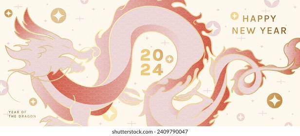 Happy Chinese new year background vector. Year of the dragon design wallpaper with dragon, coin, twinkling stars, pattern. Modern luxury oriental illustration for cover, banner, website, decor.