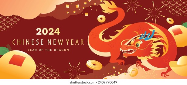 Happy Chinese new year background vector. Year of the dragon design wallpaper with dragon, orange, coin, firework, pattern. Modern luxury oriental illustration for cover, banner, website, decor.