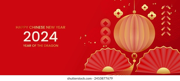 Happy Chinese new year background vector. Year of the dragon design wallpaper with chinese fan, lantern, coin, cracker, flower. Modern luxury oriental illustration for cover, banner, website, decor.