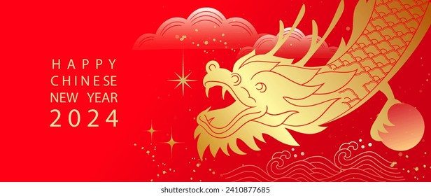 Happy Chinese new year background vector. Year of the dragon design wallpaper with dragon, sea wave, cloud, moon, glitter. Modern luxury oriental illustration for cover, banner, website, decor.