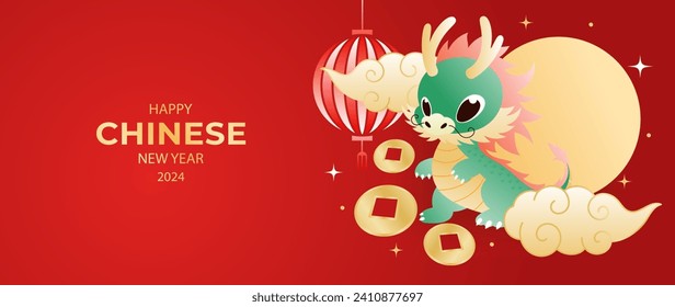 Happy Chinese new year background vector. Year of the dragon design wallpaper with dragon, chinese lantern, cloud, coin, moon. Modern luxury oriental illustration for cover, banner, website, decor.