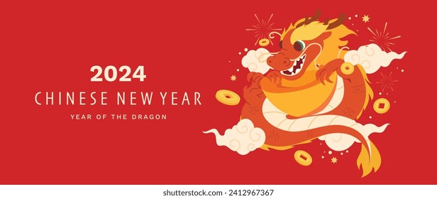 Feliz vector de fondo del año nuevo chino. Papel tapiz de diseño de dragón con dragón, lingotes chinos de oro, moneda, fuegos artificiales. Ilustración oriental de lujo moderna para portada, banner, sitio web, decoración.