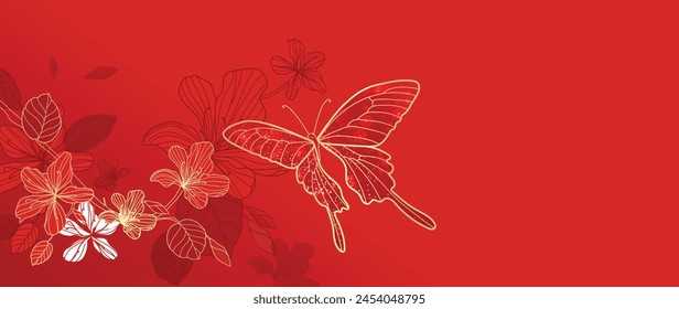 Happy Chinese new year background vector. Luxury wallpaper design with chinese flower, butterfly on red background. Modern luxury oriental illustration for cover, banner, website, decor.