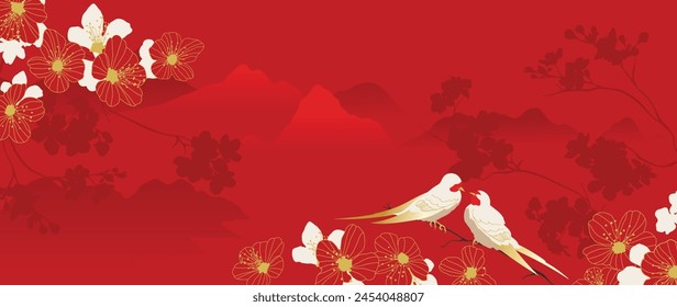 Happy Chinese new year background vector. Luxury wallpaper design with chinese flower, bird, mountain on red background. Modern luxury oriental illustration for cover, banner, website, decor.