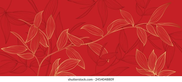 Happy Chinese new year background vector. Luxury wallpaper design with leaves gold line art on red background. Modern luxury oriental illustration for cover, banner, website, decor.